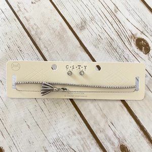 City New York Women's Gray Two Strand Choker Necklace & Earring Set Jewelry